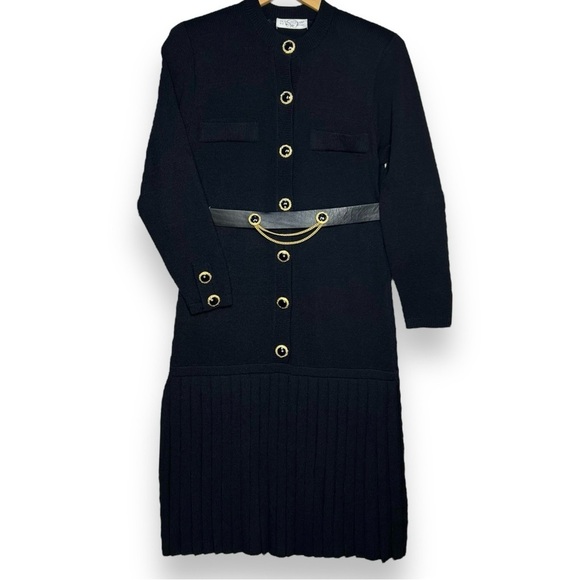 St. John Dresses & Skirts - St. John By Marie Gray Black Santana Knit Pleated Dress & Belt Vintage Women's 8